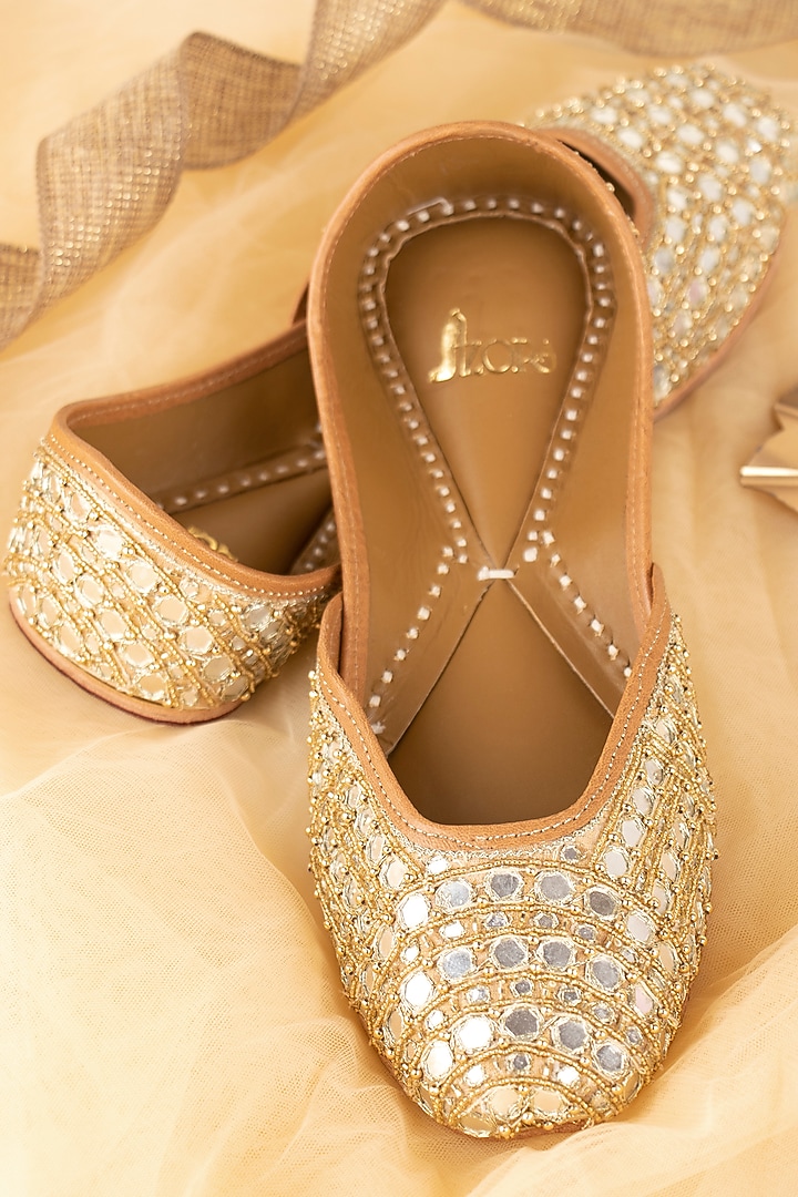Gold Leather Mirror Work Juttis by Azora at Pernia's Pop Up Shop