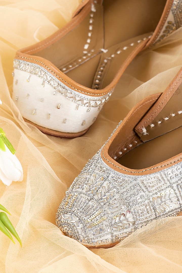 Silver Leather Sequins & Beadwork Juttis by Azora at Pernia's Pop Up Shop