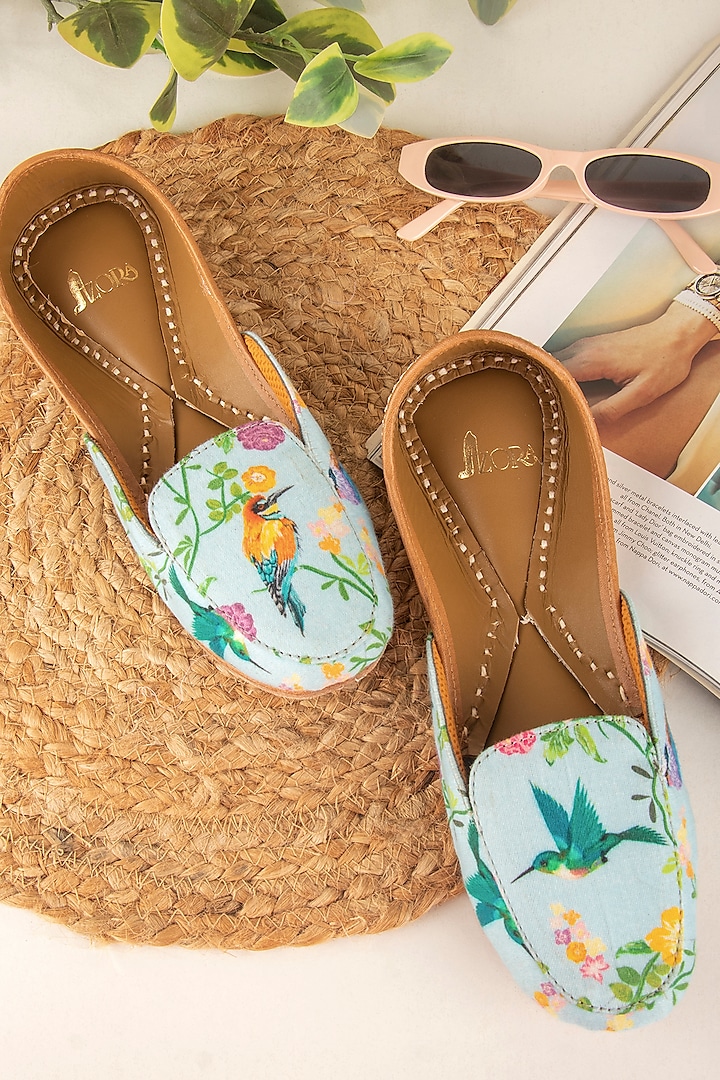 Blue Leather Bird & Floral Printed Loafers by Azora