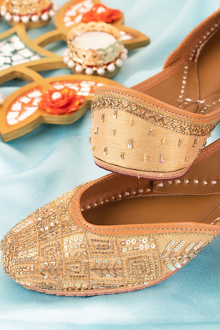 Gold Leather Sequins & Bead Handwork Juttis by Azora at Pernia's Pop Up Shop