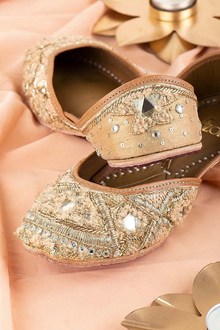 Gold Leather Mirror & Zardosi Work Juttis by Azora at Pernia's Pop Up Shop
