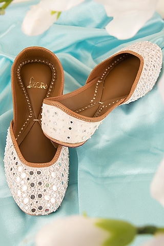 White Leather Mirror Work Juttis by Azora
