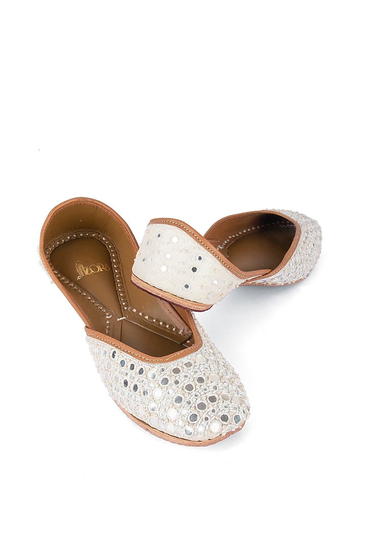 White Leather Mirror Work Juttis by Azora at Pernia's Pop Up Shop