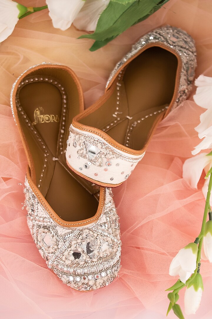 Silver Leather Mirror & Zardosi Embellished Juttis by Azora at Pernia's Pop Up Shop