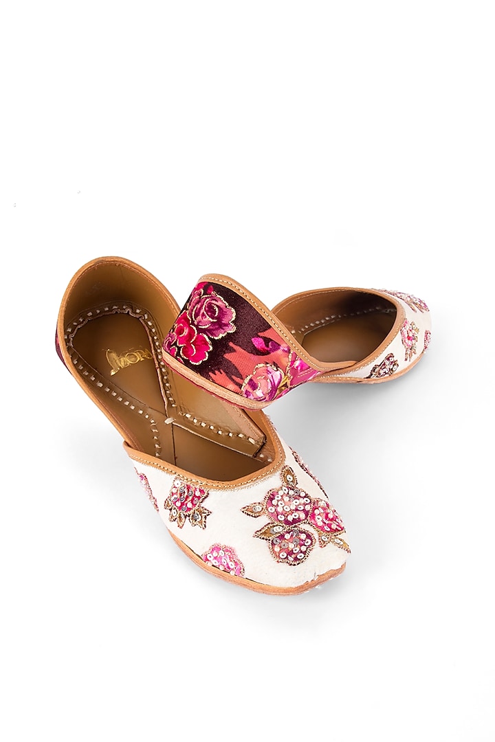 White Leather Sequins & Floral Patchwork Juttis by Azora