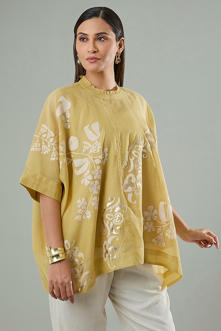 Mustard Silk & Cotton Applique Work Shirt by Azu at Pernia's Pop Up Shop