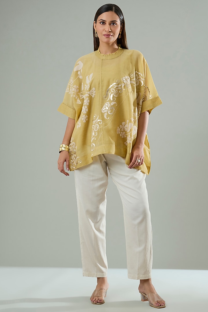 Mustard Silk & Cotton Applique Work Shirt by Azu at Pernia's Pop Up Shop