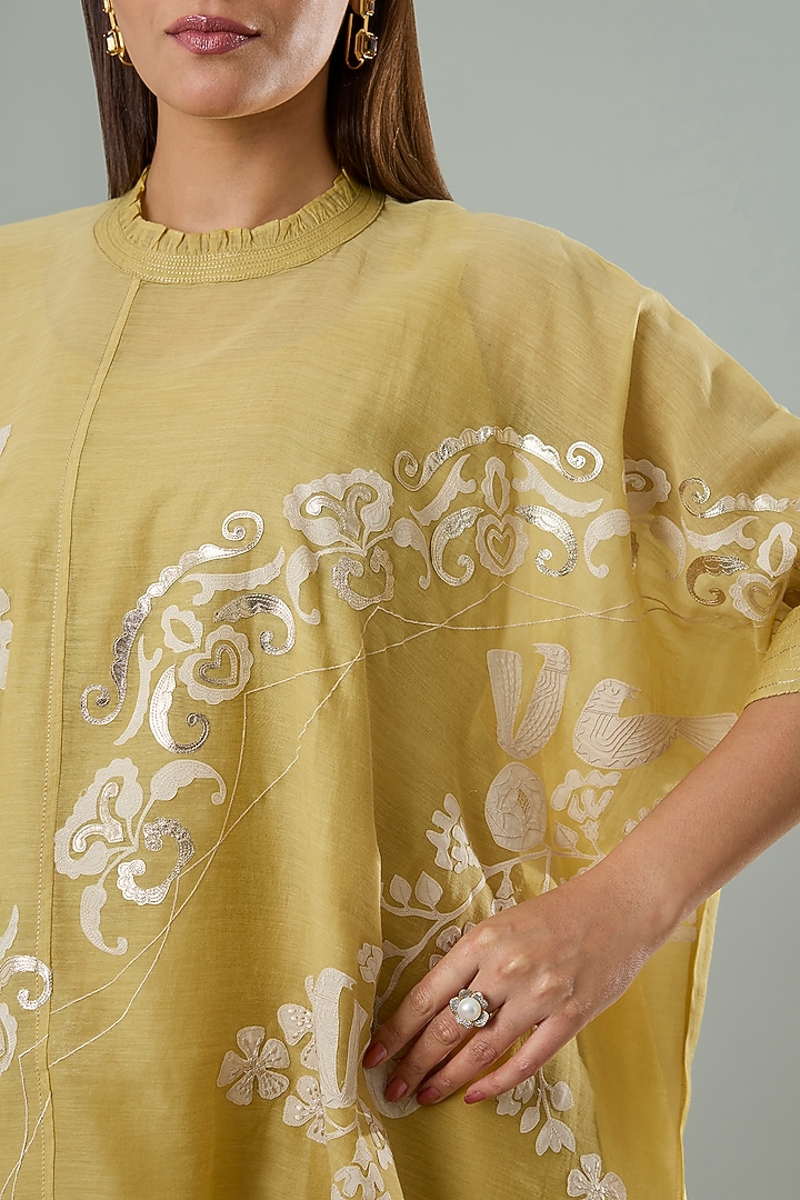 Mustard Silk & Cotton Applique Work Shirt by Azu at Pernia's Pop Up Shop
