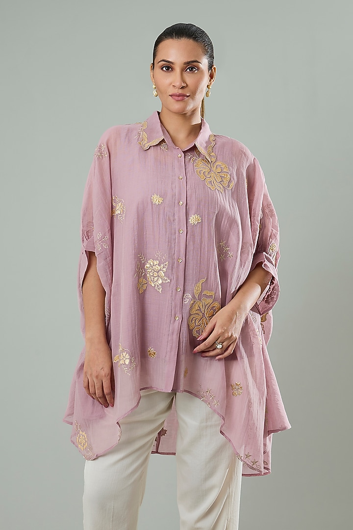 Lilac Silk & Cotton Applique Work Shirt by Azu at Pernia's Pop Up Shop