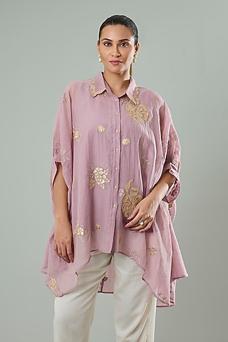 Lilac Silk & Cotton Applique Work Shirt by Azu