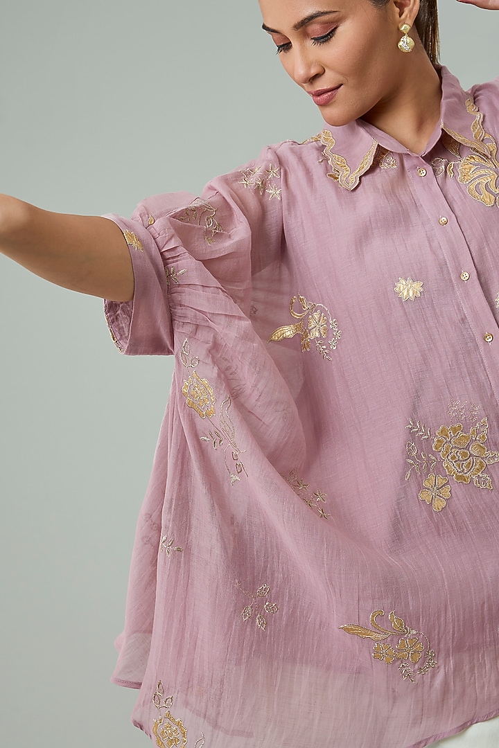 Lilac Silk & Cotton Applique Work Shirt by Azu at Pernia's Pop Up Shop
