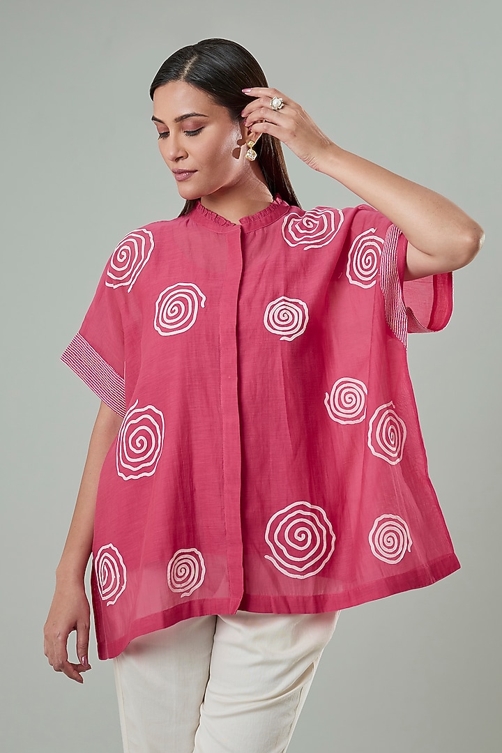 Coral Silk & Cotton Applique Work Shirt by Azu at Pernia's Pop Up Shop