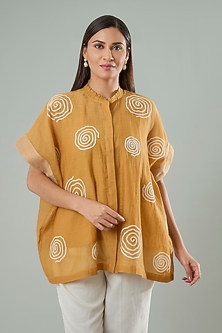 Orange Silk & Cotton Applique Work Shirt by Azu