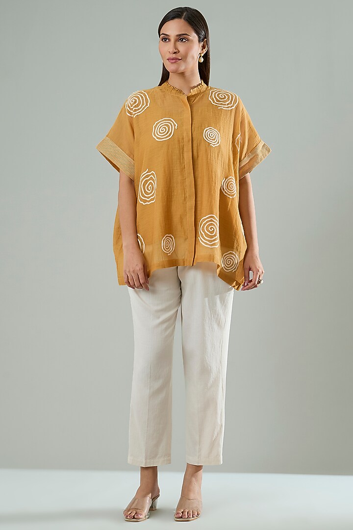 Orange Silk & Cotton Applique Work Shirt by Azu at Pernia's Pop Up Shop