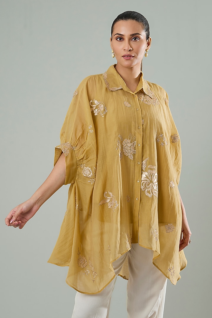 Mustard Silk & Cotton Applique Work Shirt by Azu at Pernia's Pop Up Shop
