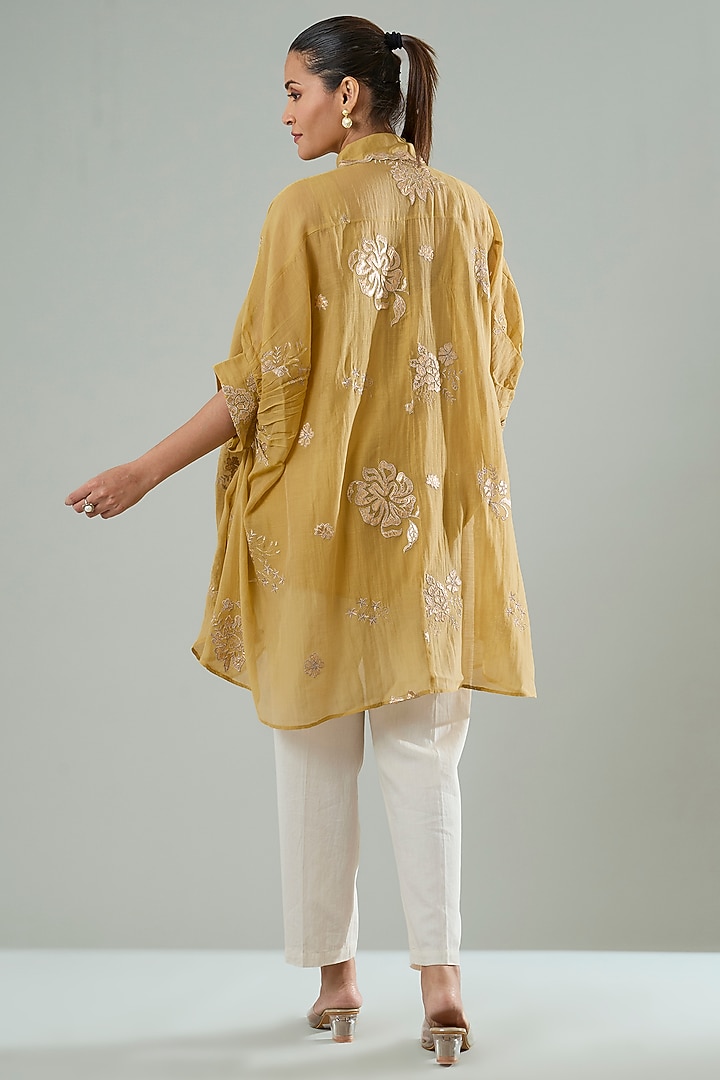 Mustard Silk & Cotton Applique Work Shirt by Azu at Pernia's Pop Up Shop