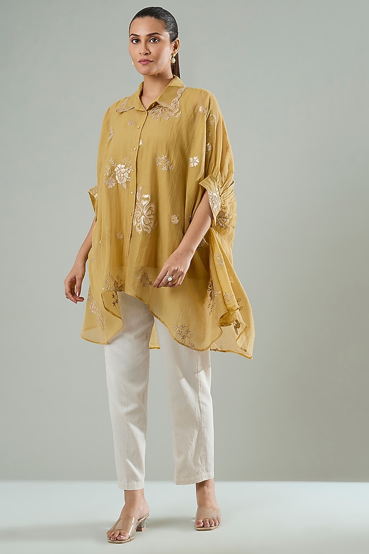 Mustard Silk & Cotton Applique Work Shirt by Azu at Pernia's Pop Up Shop