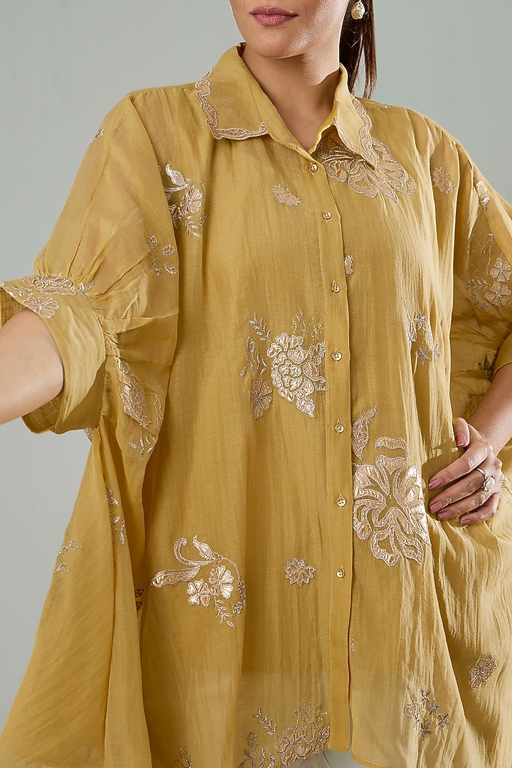 Mustard Silk & Cotton Applique Work Shirt by Azu at Pernia's Pop Up Shop