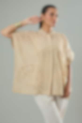 Beige Silk & Cotton Applique Work Shirt by Azu at Pernia's Pop Up Shop