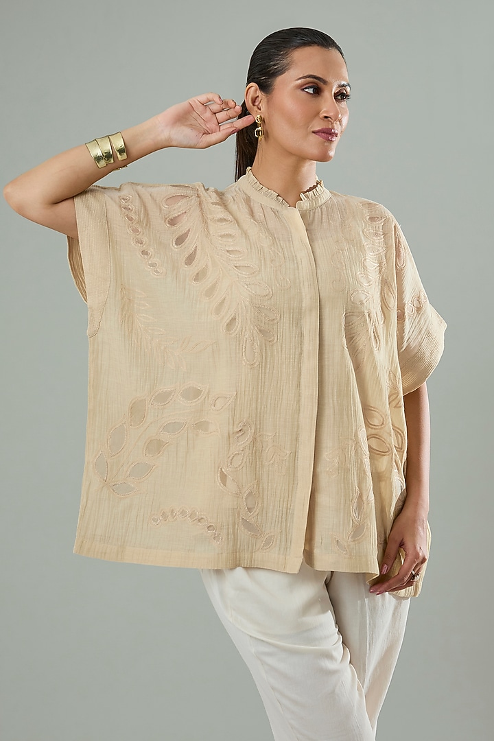 Beige Silk & Cotton Applique Work Shirt by Azu at Pernia's Pop Up Shop