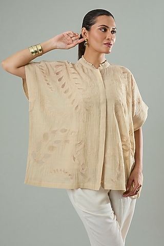 Beige Silk & Cotton Applique Work Shirt by Azu