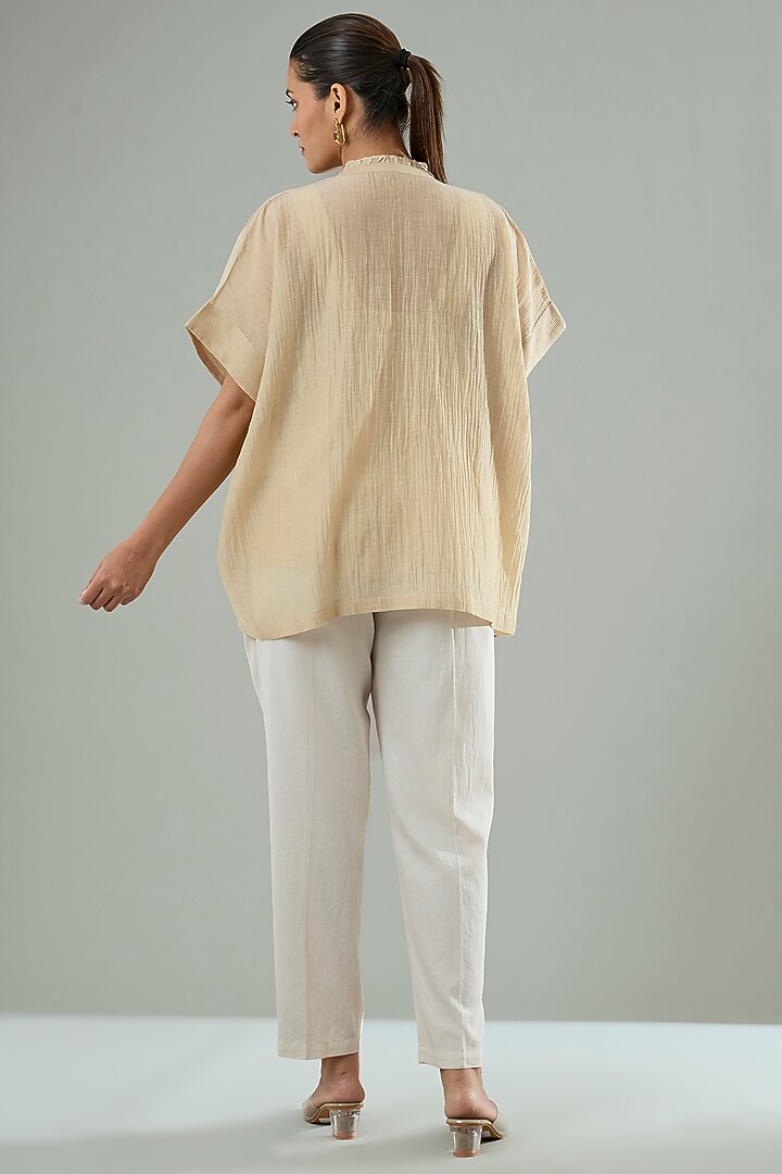 Beige Silk & Cotton Applique Work Shirt by Azu at Pernia's Pop Up Shop