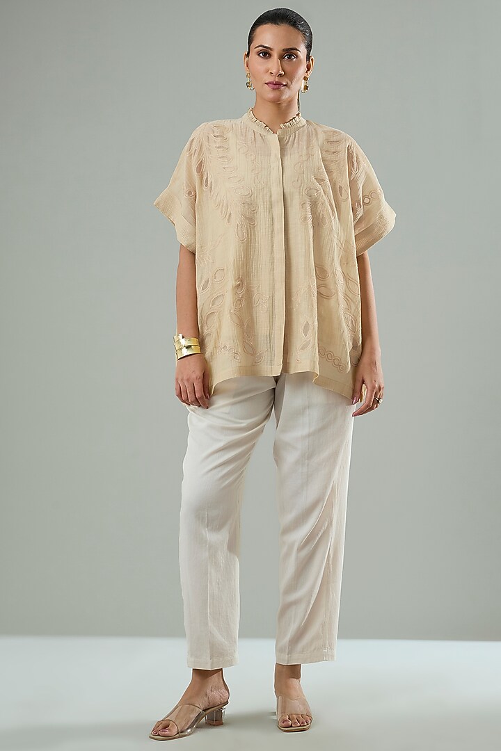 Beige Silk & Cotton Applique Work Shirt by Azu at Pernia's Pop Up Shop
