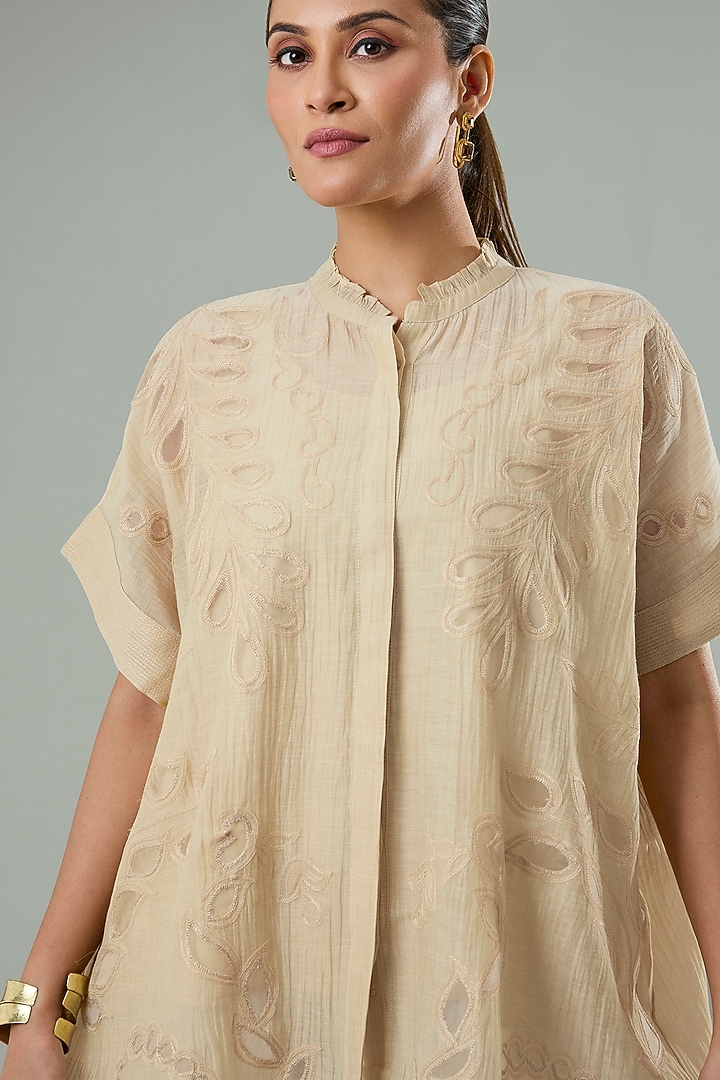Beige Silk & Cotton Applique Work Shirt by Azu at Pernia's Pop Up Shop