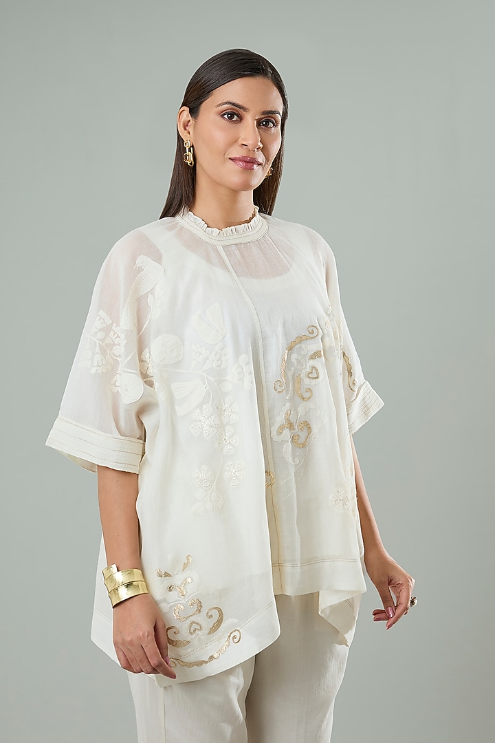 Cream Silk & Cotton Applique Work Shirt by Azu at Pernia's Pop Up Shop