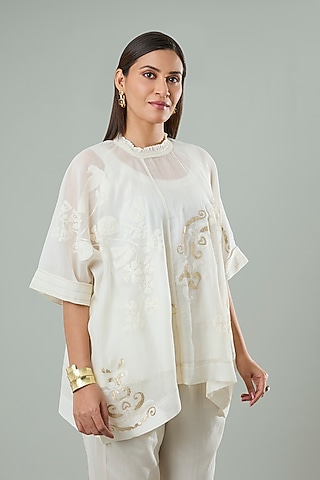 Cream Silk & Cotton Applique Work Shirt by Azu