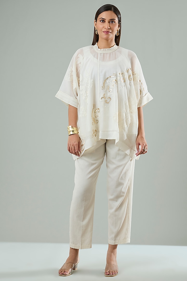Cream Silk & Cotton Applique Work Shirt by Azu at Pernia's Pop Up Shop