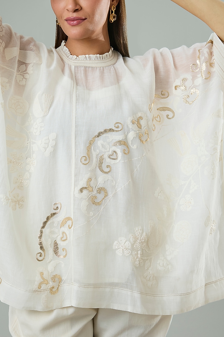 Cream Silk & Cotton Applique Work Shirt by Azu at Pernia's Pop Up Shop