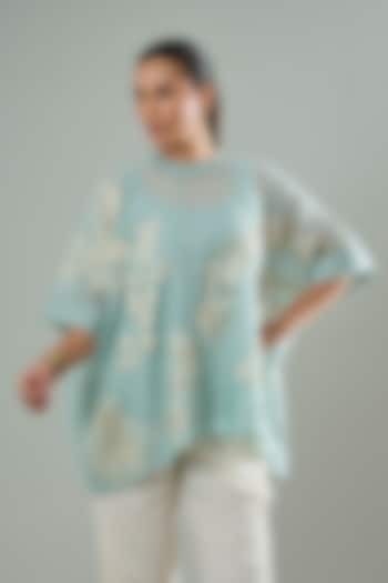 Ice Blue Silk & Cotton Applique Work Shirt by Azu at Pernia's Pop Up Shop