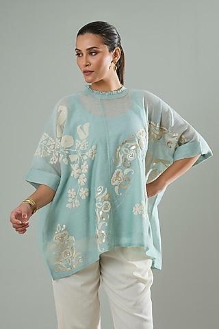 Ice Blue Silk & Cotton Applique Work Shirt by Azu
