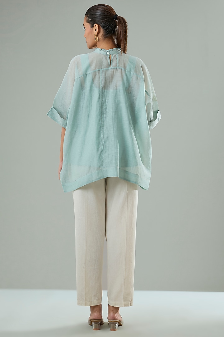 Ice Blue Silk & Cotton Applique Work Shirt by Azu at Pernia's Pop Up Shop