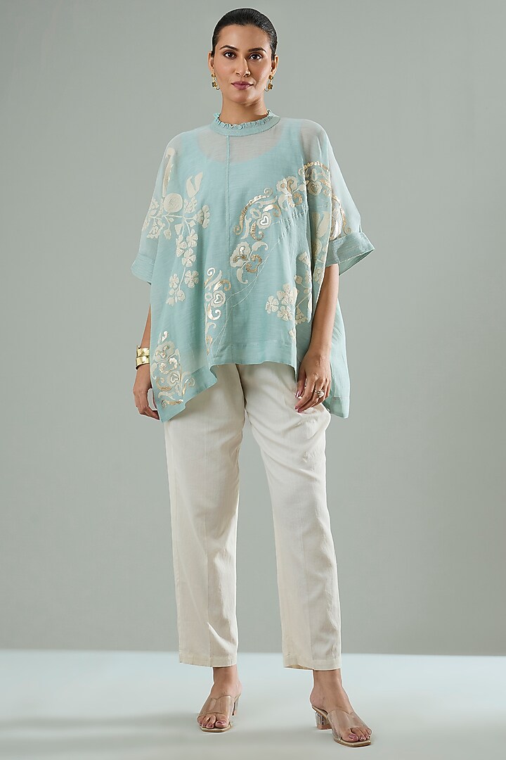 Ice Blue Silk & Cotton Applique Work Shirt by Azu at Pernia's Pop Up Shop