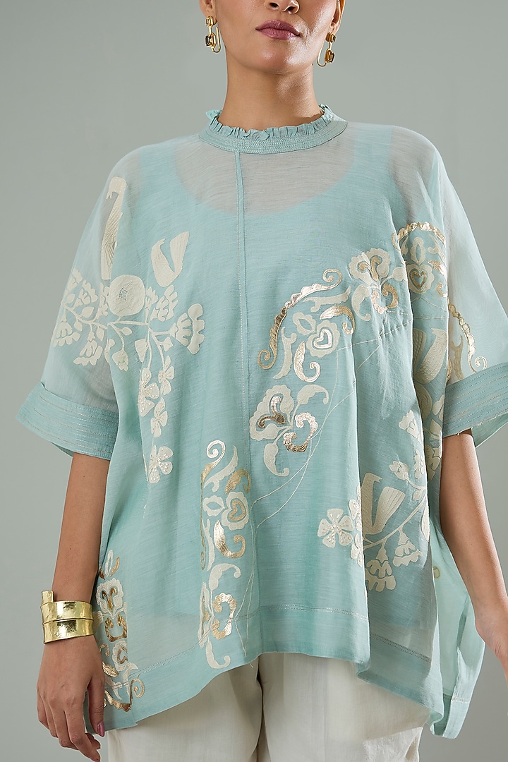 Ice Blue Silk & Cotton Applique Work Shirt by Azu at Pernia's Pop Up Shop