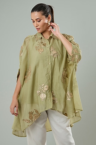 Mint Green Silk & Cotton Applique Work Shirt by Azu