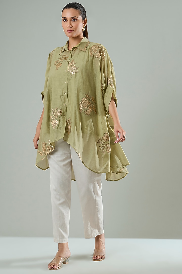 Mint Green Silk & Cotton Applique Work Shirt by Azu at Pernia's Pop Up Shop