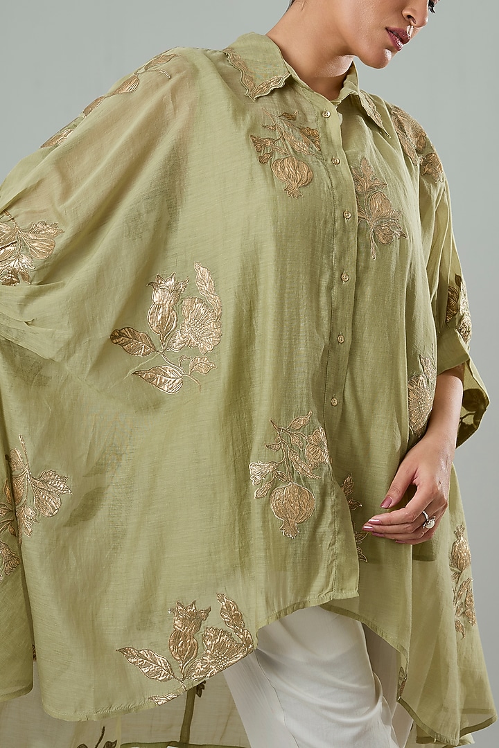 Mint Green Silk & Cotton Applique Work Shirt by Azu at Pernia's Pop Up Shop
