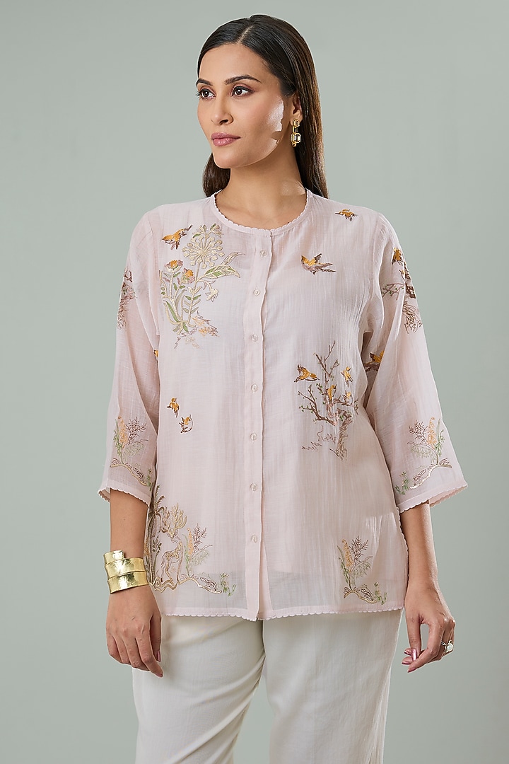 Light Pink Silk & Cotton Applique Work Shirt by Azu at Pernia's Pop Up Shop