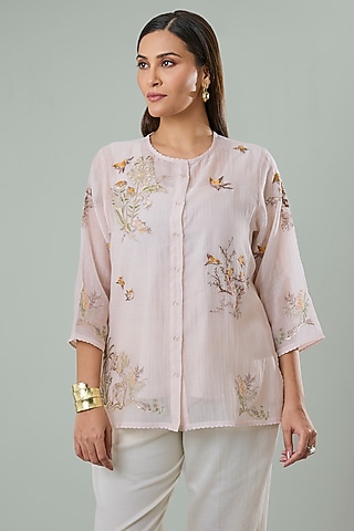 Light Pink Silk & Cotton Applique Work Shirt by Azu
