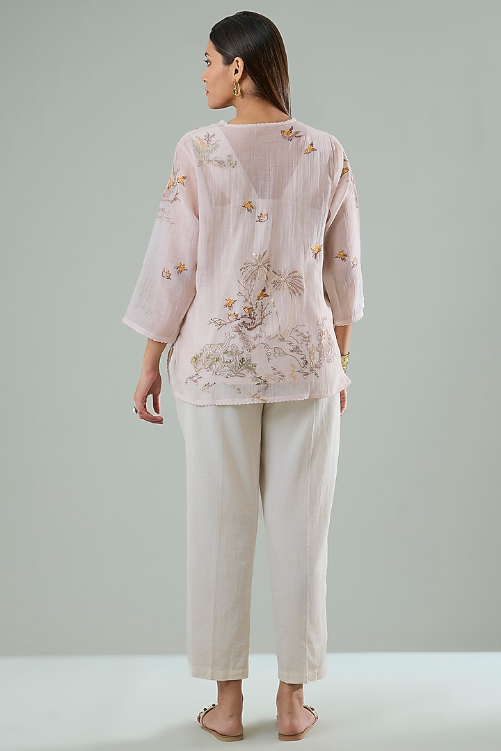Light Pink Silk & Cotton Applique Work Shirt by Azu at Pernia's Pop Up Shop