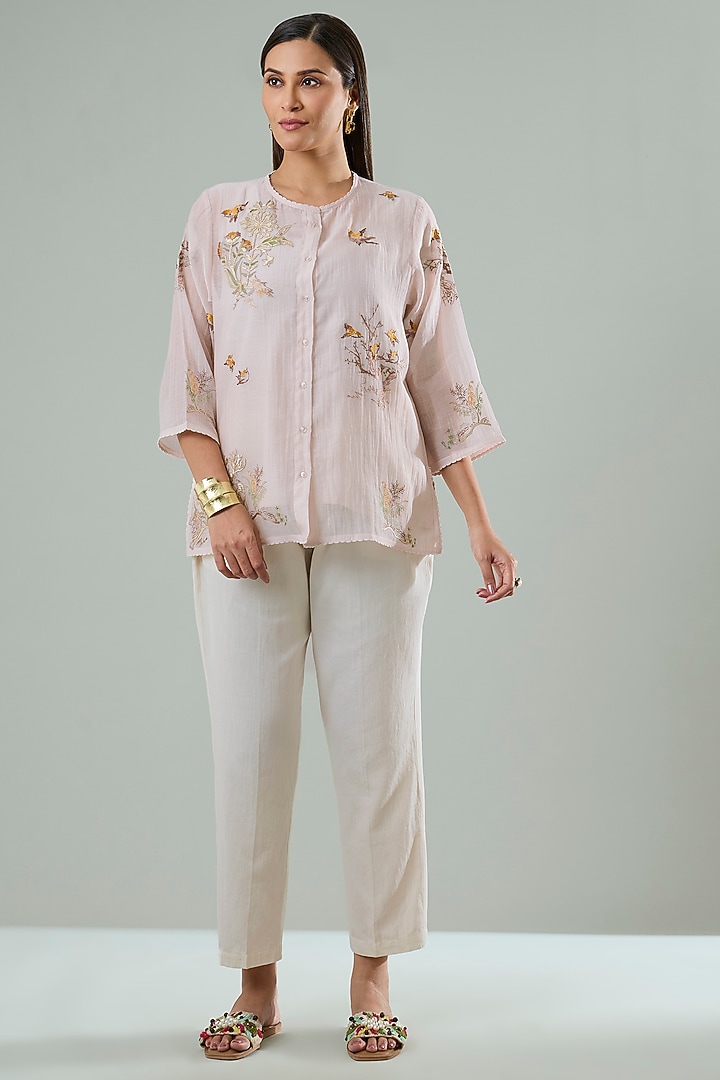 Light Pink Silk & Cotton Applique Work Shirt by Azu at Pernia's Pop Up Shop