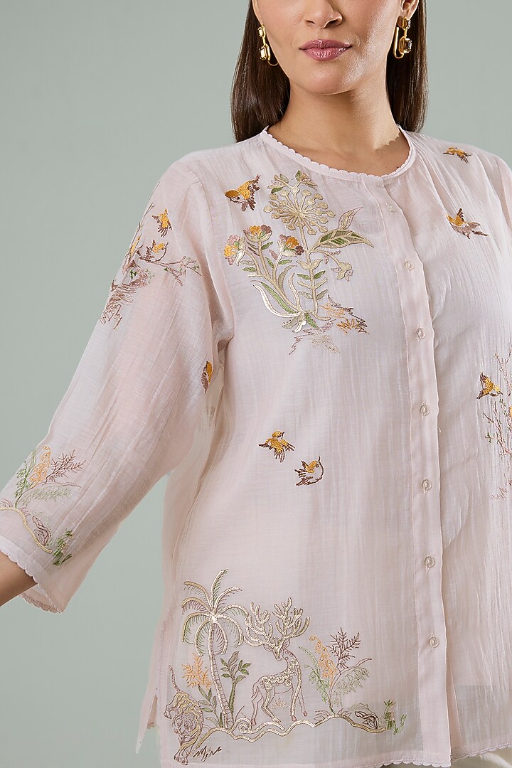 Light Pink Silk & Cotton Applique Work Shirt by Azu at Pernia's Pop Up Shop