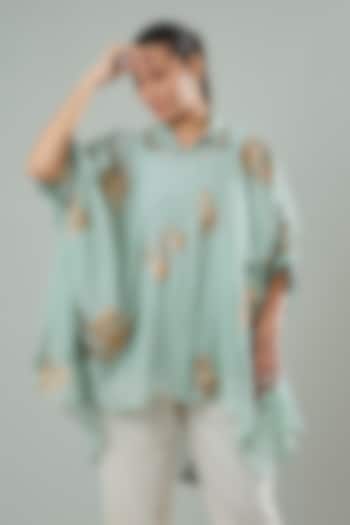 Ice Blue Silk & Cotton Applique Work Shirt by Azu at Pernia's Pop Up Shop