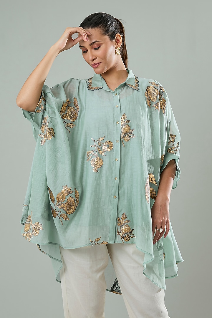 Ice Blue Silk & Cotton Applique Work Shirt by Azu at Pernia's Pop Up Shop