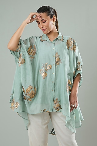 Ice Blue Silk & Cotton Applique Work Shirt by Azu