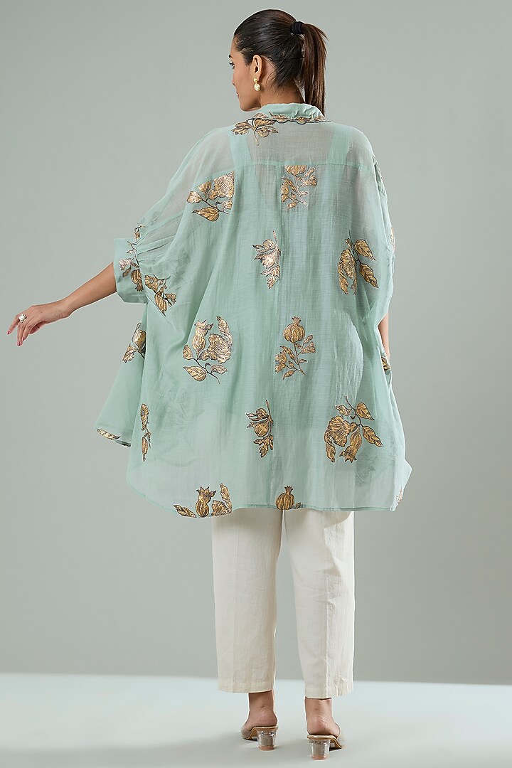 Ice Blue Silk & Cotton Applique Work Shirt by Azu at Pernia's Pop Up Shop