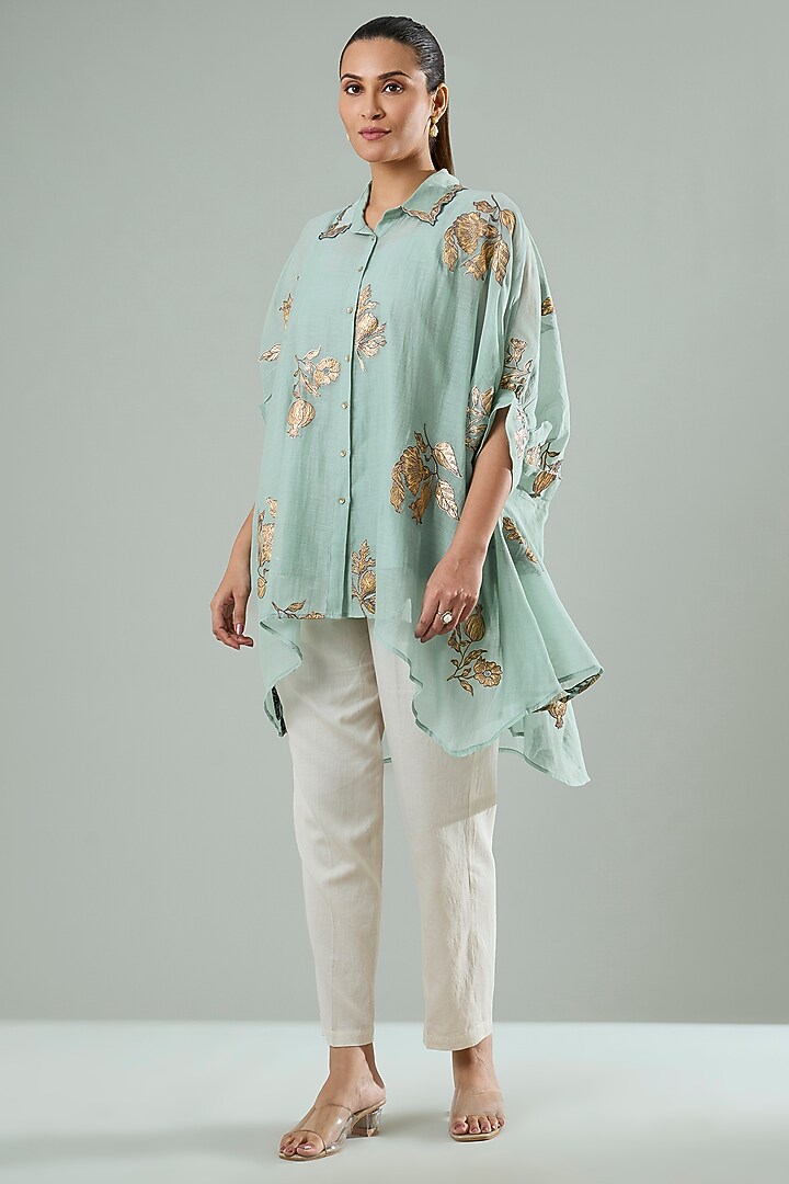 Ice Blue Silk & Cotton Applique Work Shirt by Azu at Pernia's Pop Up Shop